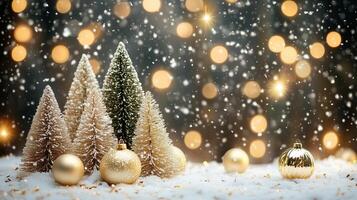 Golden Christmas trees with baubles in snow photo