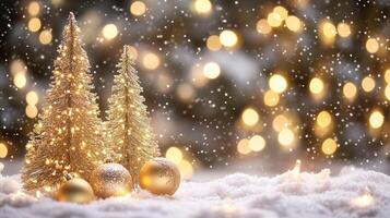 Golden Christmas trees with baubles in snow photo