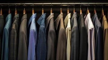 Neatly arranged formal shirts and vests hanging in a wardrobe photo