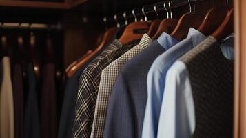 Neatly arranged formal shirts and vests hanging in a wardrobe photo