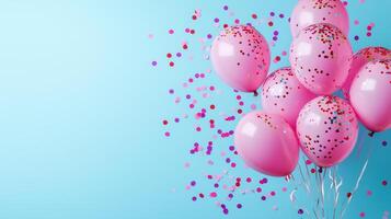 Pink balloons filled with confetti on a blue background photo