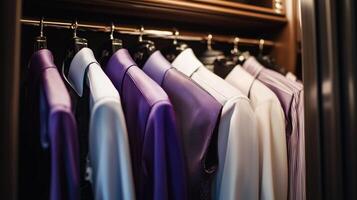 Neatly arranged formal shirts and vests hanging in a wardrobe photo