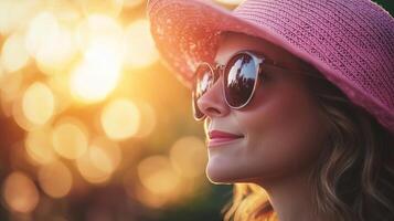 Portrait of a woman in a pink hat and sunglasses photo