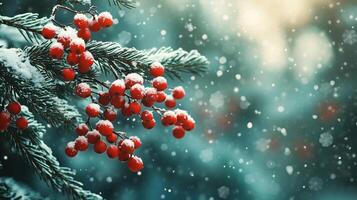Snow-covered red berries on a pine branch photo