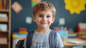 Happy kindergarten student on the first day of school. photo