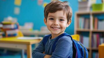 Happy kindergarten student on the first day of school. photo