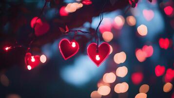 Red heart-shaped lights with motion blur photo