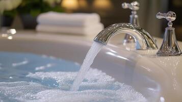 Close up of bathtub faucet with running water photo