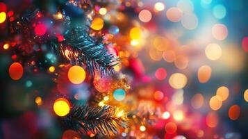 Close-up of colorful Christmas tree decorations photo