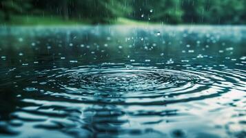 Raindrops creating ripples on lake surface photo
