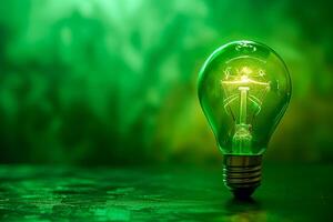Llight bulb glowing with light on green background, copy space photo