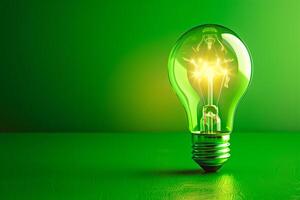 Llight bulb glowing with light on green background, copy space photo