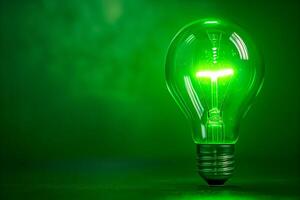 Llight bulb glowing with light on green background, copy space photo