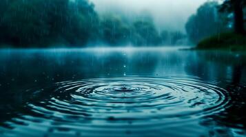 Raindrops creating ripples on lake surface photo