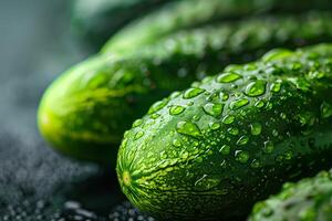 Closeup of fresh green cucumbers with water droplets photo