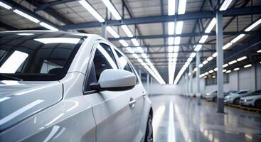 Part of a white car in close-up at the factory photo