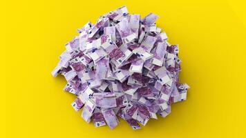 Big pile of Euro notes. A lot of money isolated over yellow background. 3d rendering of bundles of cash photo