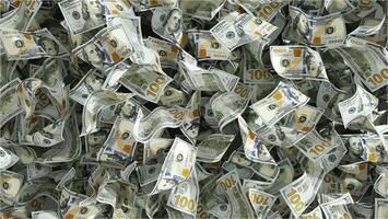 3D rendering of 100 US dollar notes spread on surface isolated on a white background photo