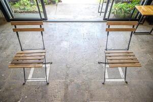 An empty chairs without nobody sitting on it, keep spaced between each chairs make separate for social distancing to avoid spreading of Covid-19. Social distance concept. photo