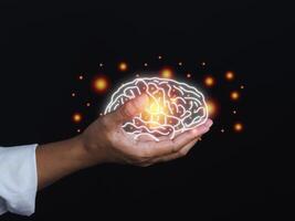 Digital image of the brain on the palm. Artificial Intelligence, AI Technology. Business analysis, innovation, technology in science and medicine. Mental health protection, care, medical and treatment photo