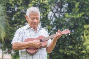 A happy senior man with short gray hair playing the ukulele with a smile while standing in a garden. Enjoy life after retiring. Aged people and relaxation concept photo