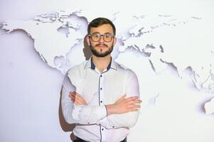 International business concept with businessman on background with network on map. photo