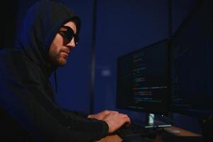 Wanted hackers coding virus ransomware using laptops and computers. Cyber attack, system breaking and malware concept photo