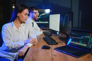 Business team investment working with computer, planning and analyzing graph stock market trading with stock chart data photo