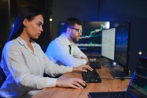 Business team investment working with computer, planning and analyzing graph stock market trading with stock chart data photo