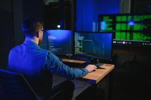 Male programmer working on desktop computer at white desk in office photo