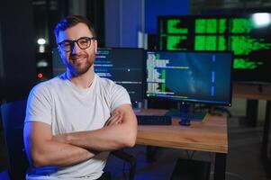 IT technician person with technology for typing code, future and data analytics photo