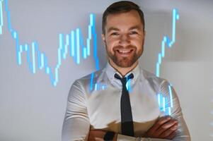 Stock Market Trader Working Investment Charts, Graphs, Ticker, Diagrams Projected on His Face. Financial Analyst and Digital Businessman Selling Shorts and Buying Longs photo