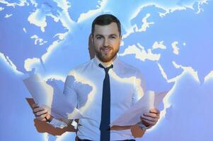 International business concept with businessman on background with network on map. photo