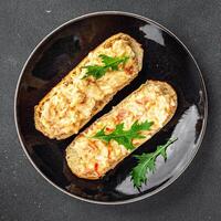 salad spread surimi and crab sticks, mayonnaise smorrebrod fresh meal food snack on the table copy space food background rustic top view photo