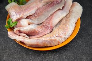 fish raw fillet white cod or halibut fresh food on the table copy space food background rustic top photo