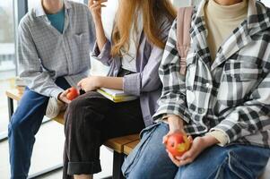 Cheerful students are sitting at desks and eating an apple during a break photo