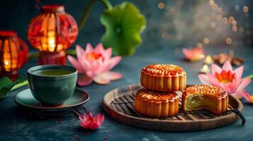 Asian Mid Autumn Festival banner with red lanterns photo