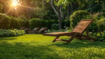 Lounge chair in sunlit garden on green grass photo