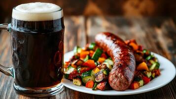 Close up of dark beer mug and grilled sausage photo