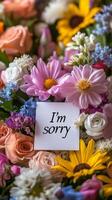 Apologizing gift card with beautiful bouquet photo
