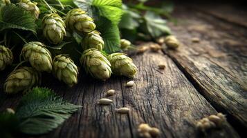 Fresh hops with green leaves on wooden table photo