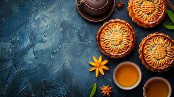 Traditional Asian mooncakes with tea and teapot photo