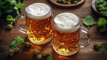 Top view of two beer mugs on wooden table photo