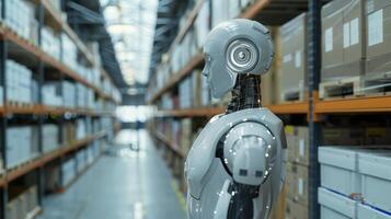 Futuristic robot working in modern warehouse photo