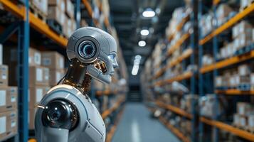 Modern robot working in warehouse as human photo