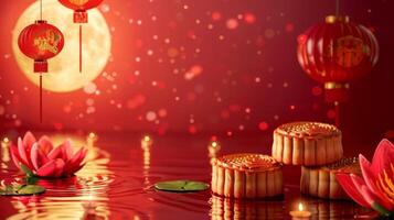 Traditional Mid Autumn Festival composition on red photo