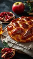 Top view of challah breads, apples, pomegranates photo