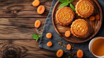 Asian mooncakes with green tea and dried apricots photo