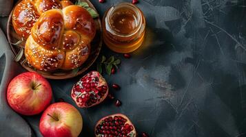 Top view of traditional Rosh Hashanah still life photo