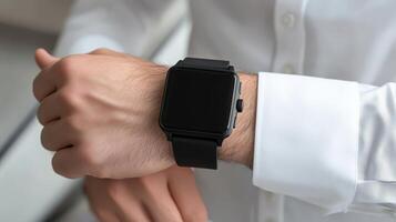 Close up of businessmans hands wearing smartwatch photo